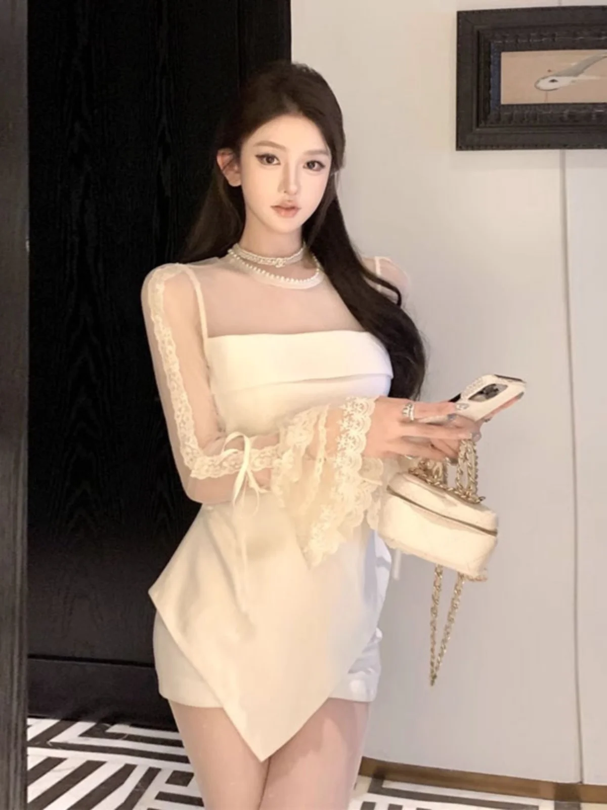 

Женская кружевная блузка Pure Desire в корейском стиле, облегающая, с длинным рукавом и круглым вырезом, весенняя новинка