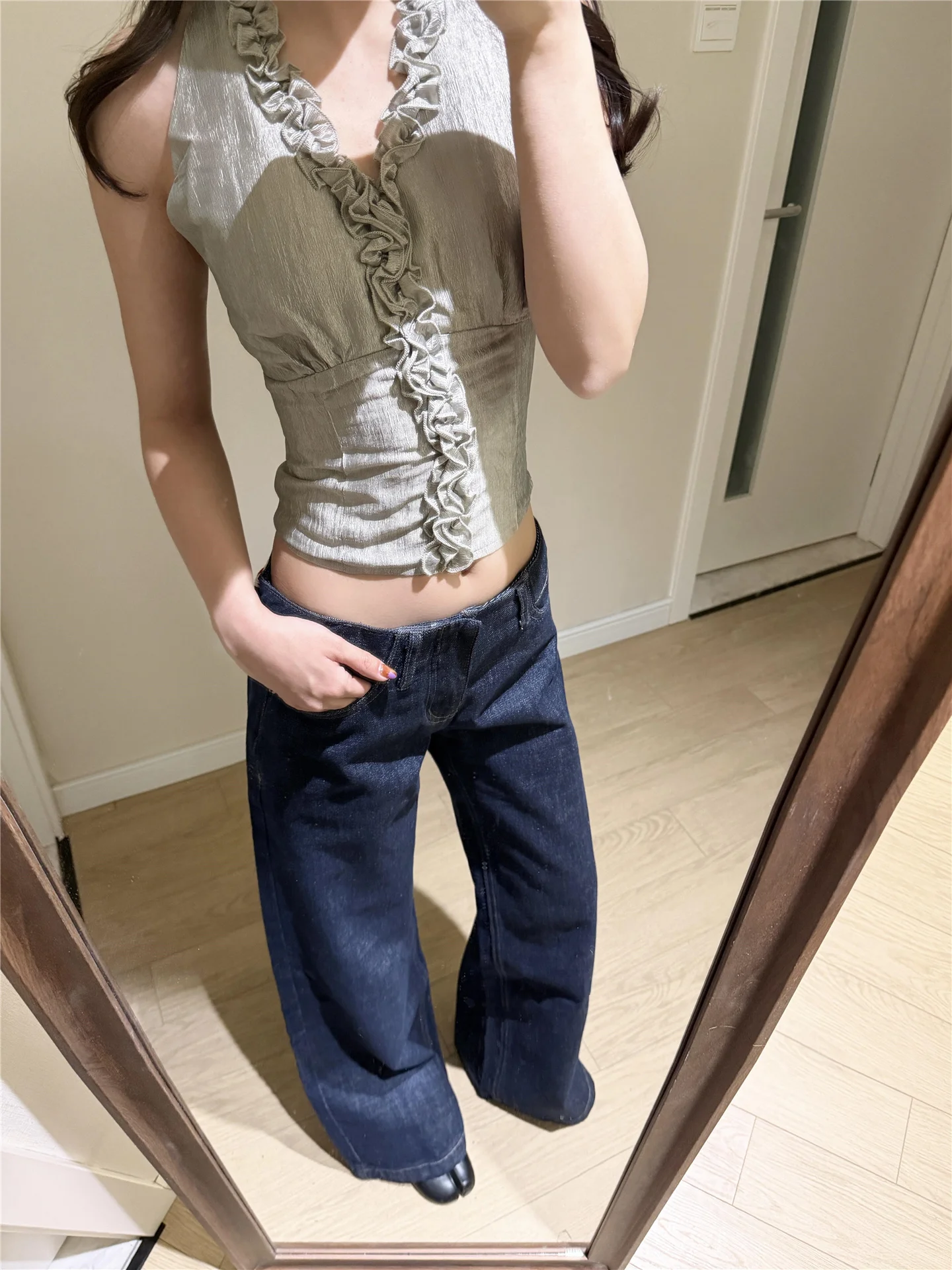 

Американские винтажные джинсы-клеш с низкой талией для женщин, свободный крой, стройнящий дизайн, весенние, длинные, в пол, для модниц