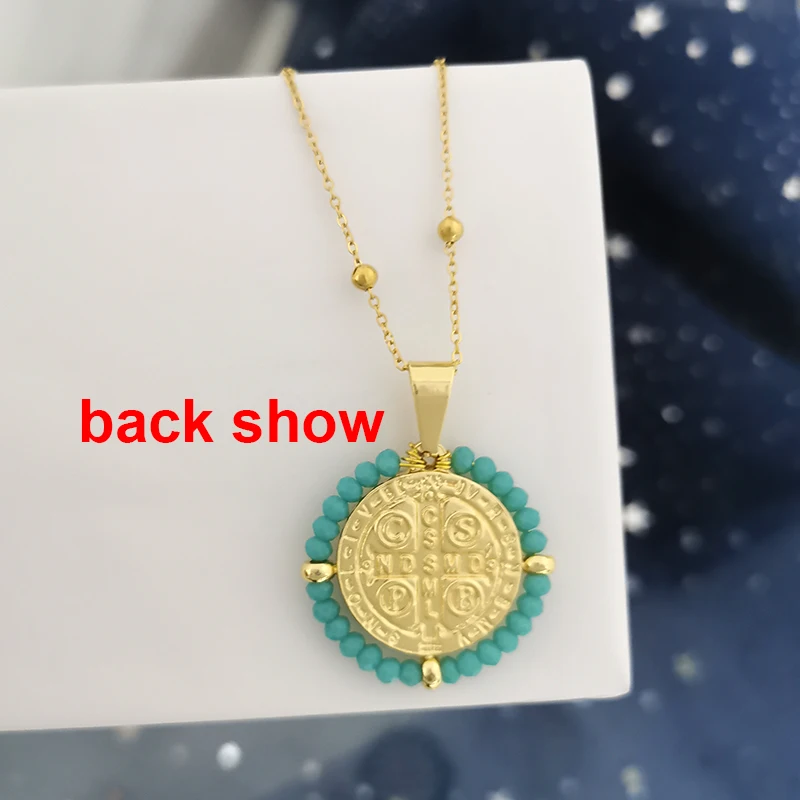 QMHJE مريم العذراء الفولاذ المقاوم للصدأ قلادة قلادة المرأة المختنق الخرز سلسلة جولة سحر الذهب والفضة اللون مجوهرات أبيض أسود