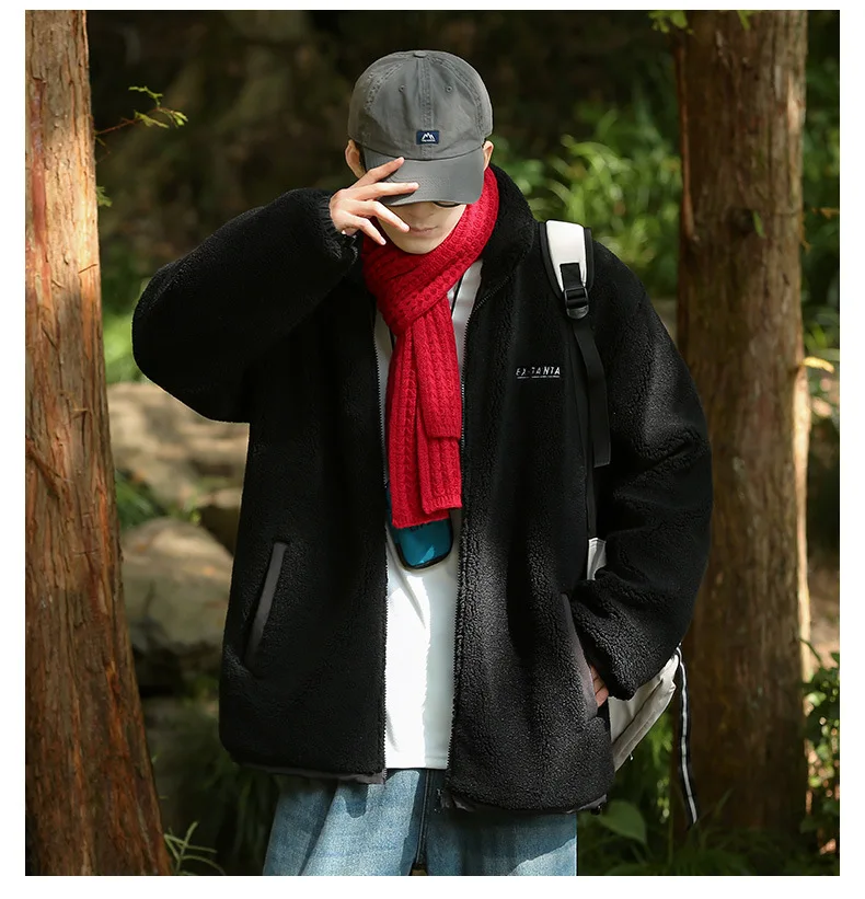 

Lamb Fleece-lined Men Winter Jacket, Stand Collar Thicken Mans Coat ,Oversized Causal Trendy Couple Jackets