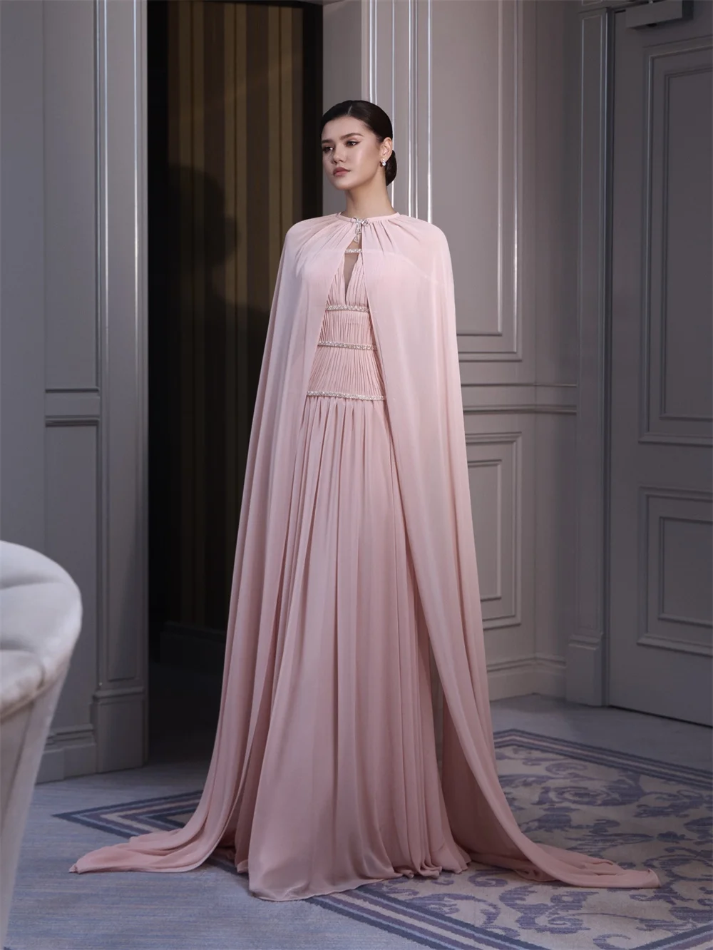 

Customized Modest Fashion Chiffon Pink Beading Sequined Bow A-line High Collar Long Dresses Evening Dresses For Birthday Party