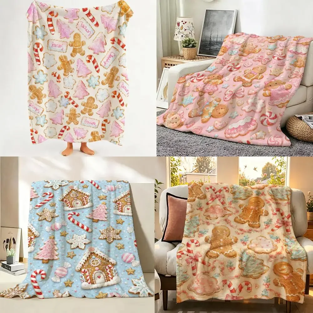 Sweet Pink Christmas Pattern Throw Flannel Throw Blanket Suitable warm for Sofa、Living Room、Bedroom soft