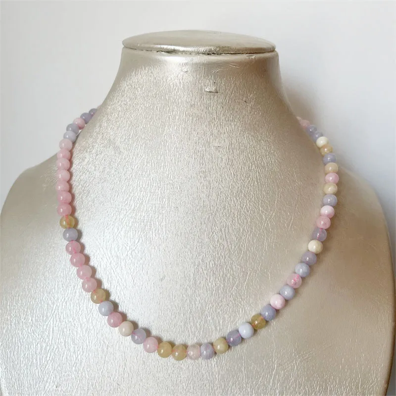 6MM Morganite Necklace Blue Pink Green Natural Stone Beads Jewelry Health Care Gemstone Protection Choker Healing Yoga Female