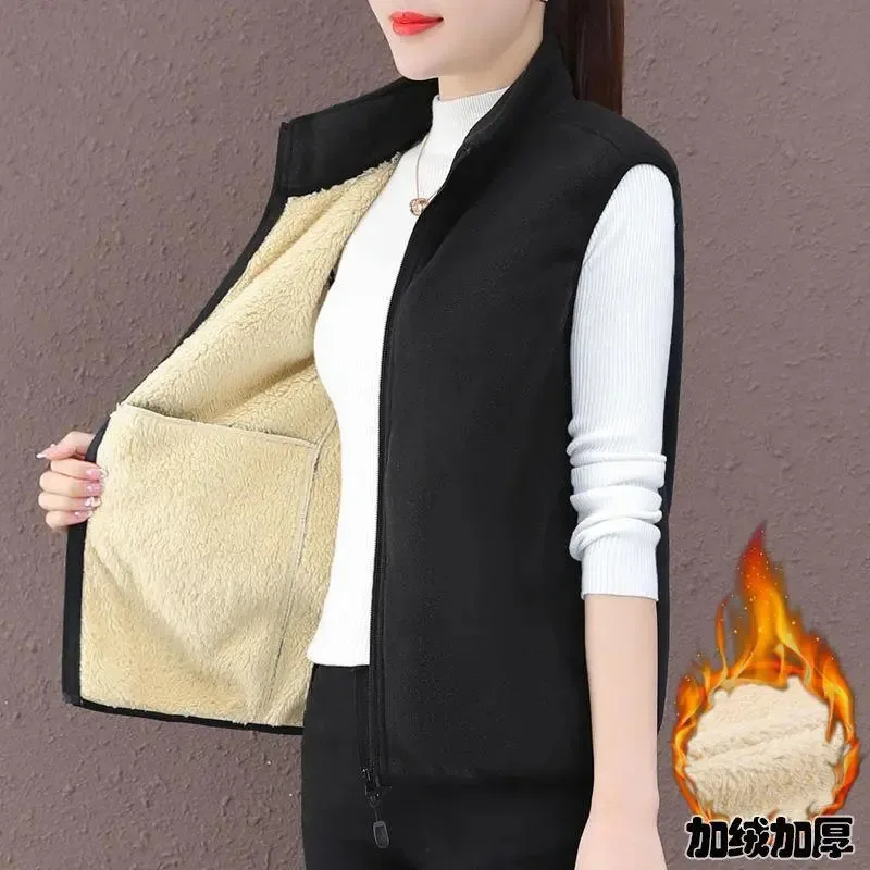 Spring Autumn Winter Stand Collar Shake Fleece Vest Women's Waistcoat 2023 New Add Velvet Thickened Warm Outwear Coat Female