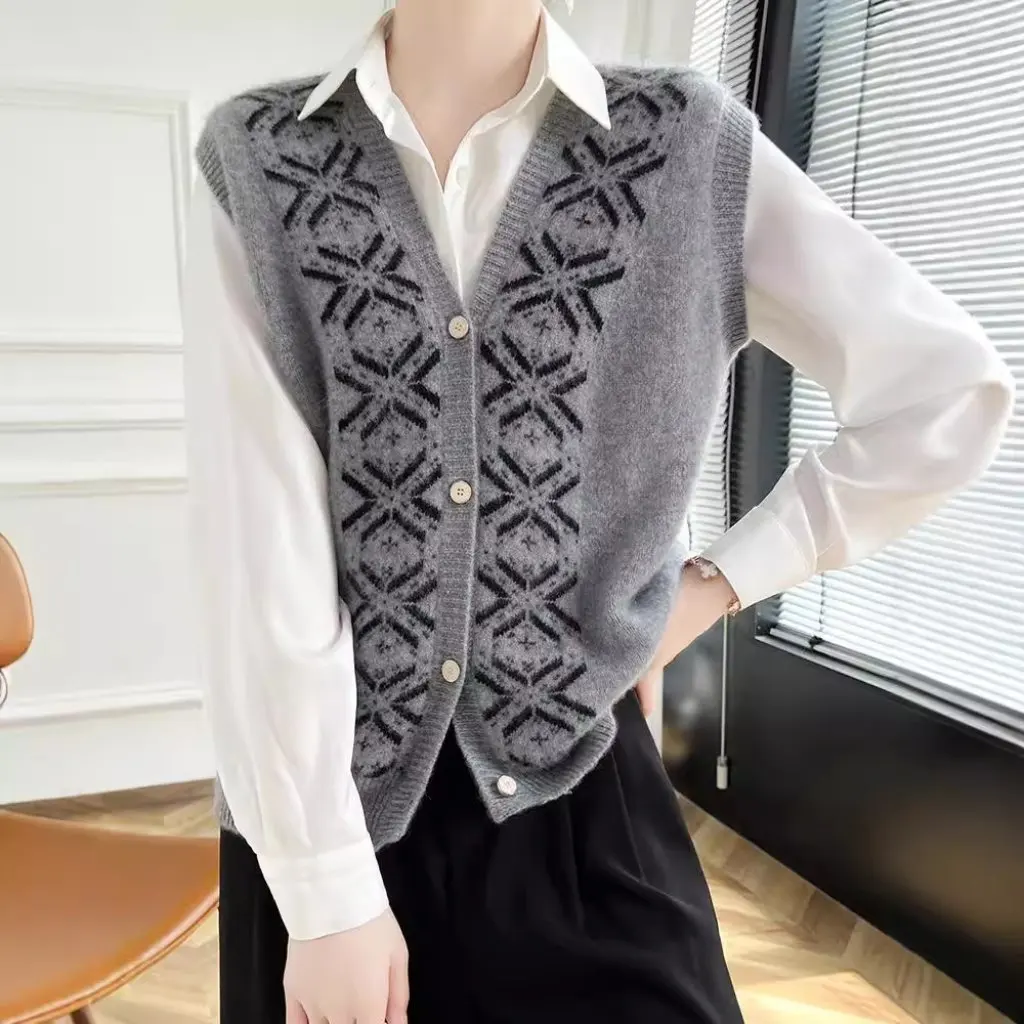 

Женский шерстяной жаккардовый жилет во французском стиле ретро, вязаный кардиган, осенне-зимний утолщенный топ в островном стиле