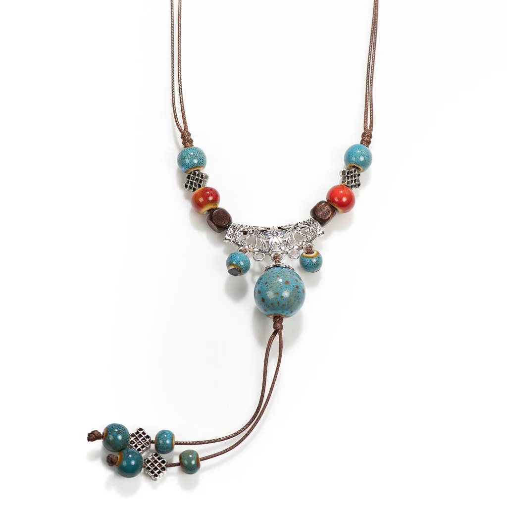 Vintage Keramik Perlen Pullover Kette verstellbare chinesische Stil lange Damen Anhänger Halskette 2 xph005