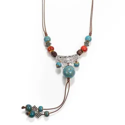 Vintage Ceramic Bead Sweater Chain Adjustable Chinese Style Long Women's Pendant Necklace 2XPH005