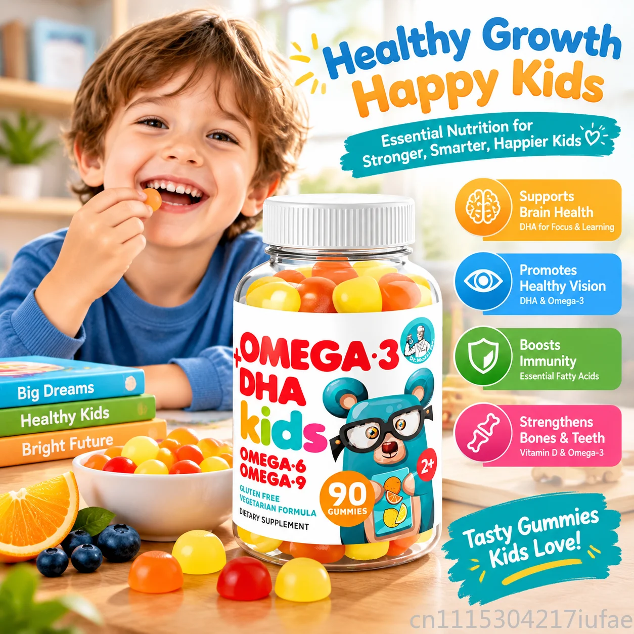 Omega 3 DHA Gummies for Kids Omega 6 Omega 9 Vegetarian Brain Support 90 Count Supplement