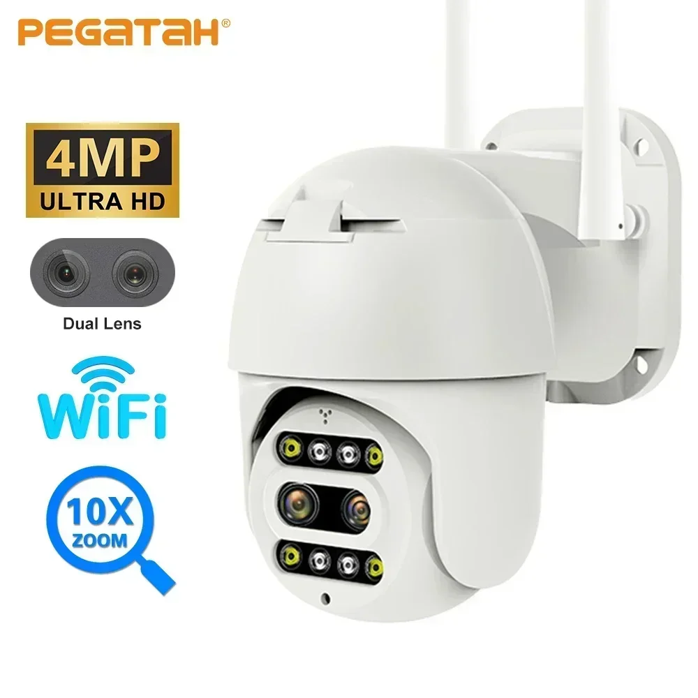 กล้องวงจรปิด PEGATAH NEW 4MP 2K Wifi สำหรับภายนอกอาคาร เลนส์คู่ ซูม 10 เท่า พร้อม AI ติดตาม ภาพสีกลางคืน กล้อง IP สำหรับการเฝ้าระวัง