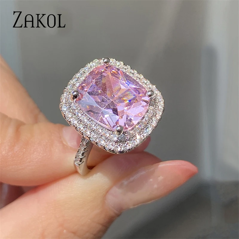 ZAKOL New Buling Pink Cubic Zirconia Wedding Ring for Women Elegant Geometric Square CZ Engagement Ring Jewelry