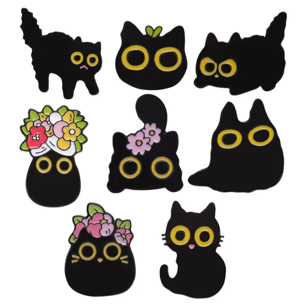 Cartoon Black Cats Enamel Pins Cute Funny Big Eyes Kitten Brooches Korean Style Metal Floral Animal Lapel Badges Backpack Decor