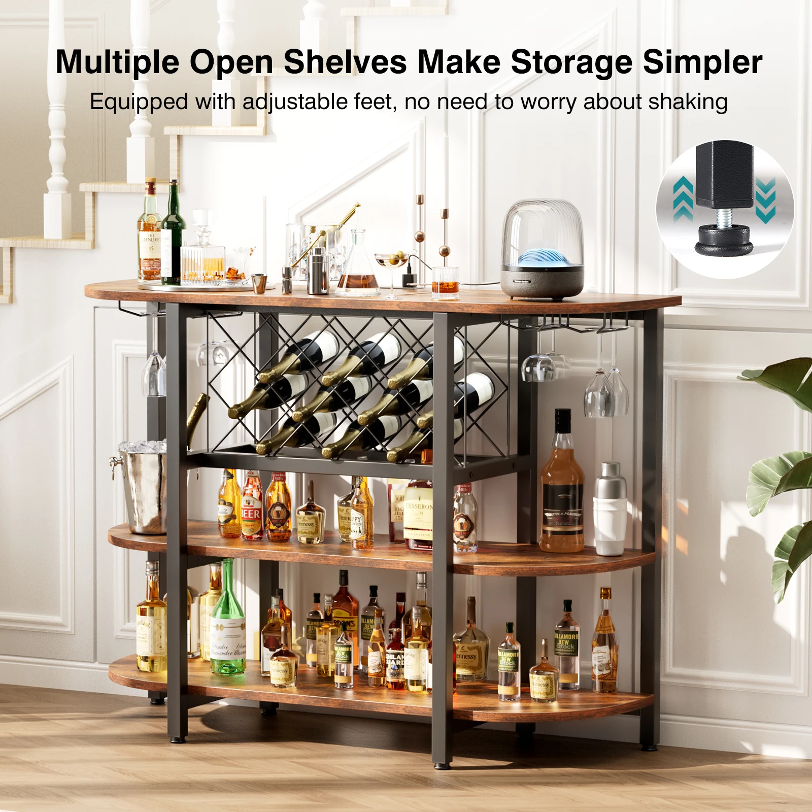 JHK LED Home Bar Cabinet with Storage Bar Cart with Charging Station Metal Wine Cabinet Liquor Cabinet Table with Glasses Holder and Wine Bottle Holder view 5