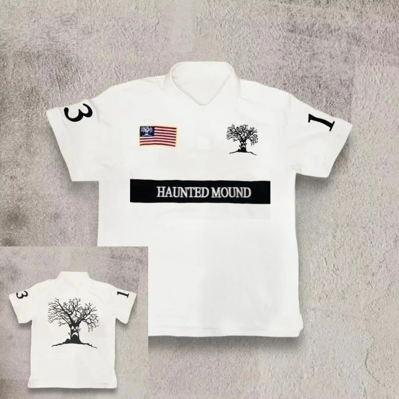Cotton, Sizes S-4XL Unisex Retro Hip Hop T-shirt, Y2K Style Polo Shirt, Short-sleeved T-shirt with Embroidered Lettering