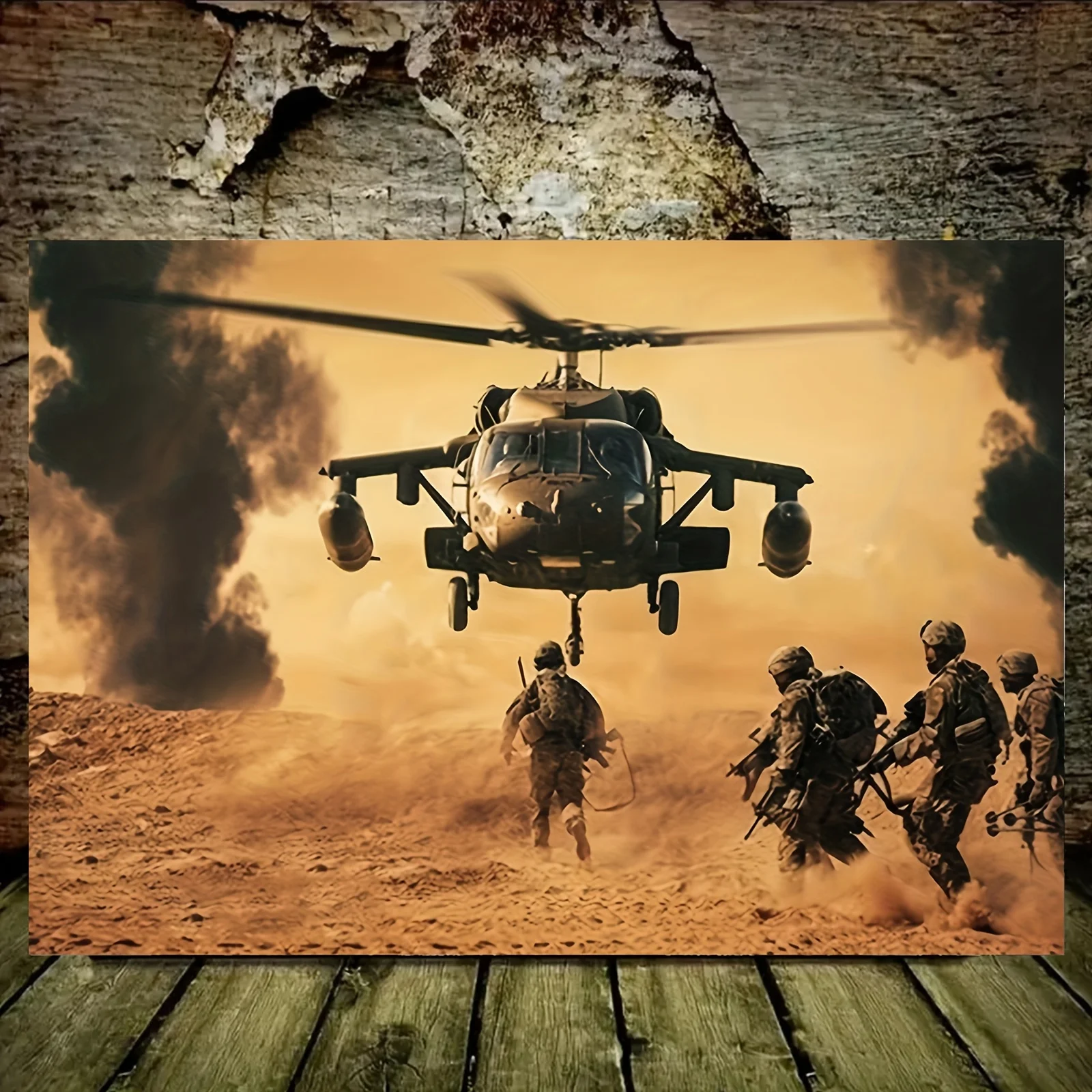 Military Helicopter Soldiers Desert Combat Scene Canvas 2D Flat Tapestry Backdrop For Man Cave Decor War Theme Wall Hanging