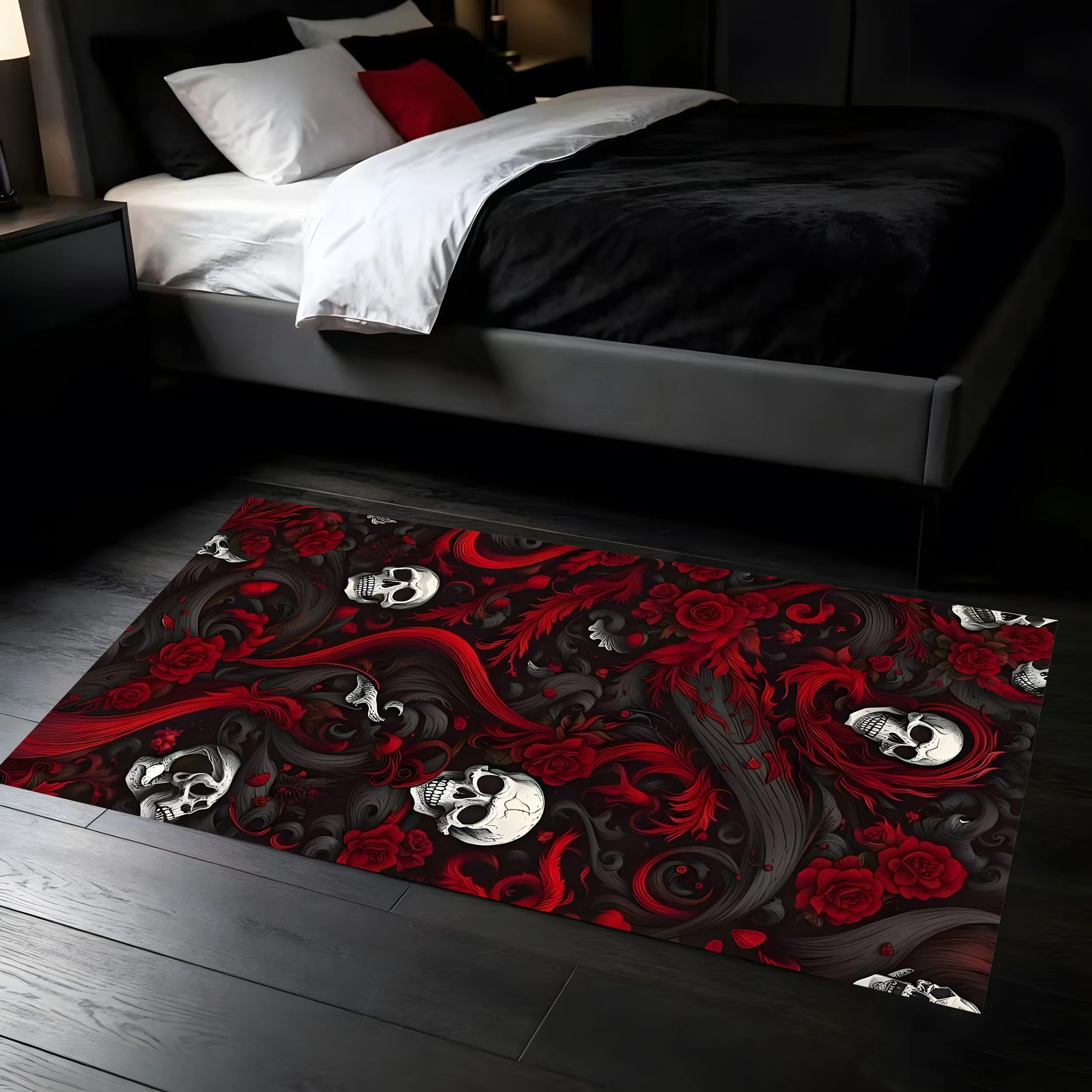 Skull Red Rose Print Dark Gothic Halloween Velvet Rug for Entryway Living Room Party Trendy Personalized Decor