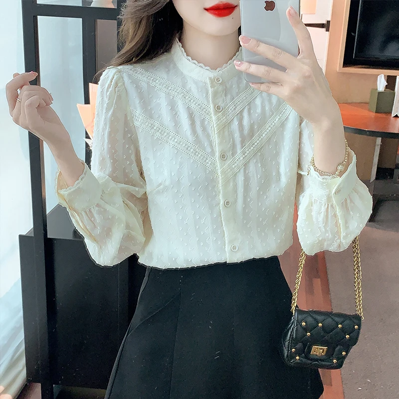 New Long Sleeve Blouse Women Stand Collar Apricot Chiffon Blouse Shirt Women Tops Blusas Mujer De Moda 2024 Shirts Blouses G421