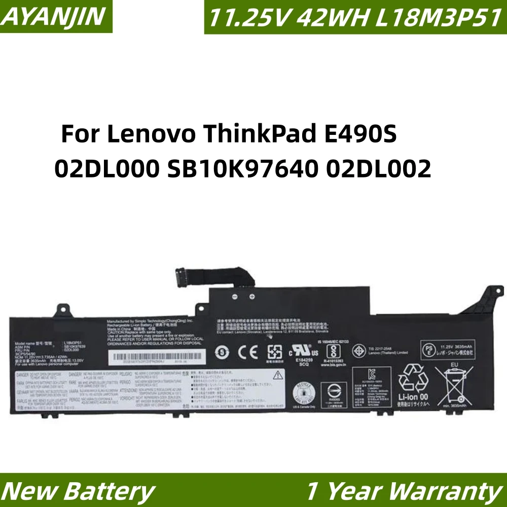 Battery Battery 11.25V 42WH baterai Laptop untuk Lenovo ThinkPad E490S 02DL000 SB10K97640 02DL002 Battery Battery