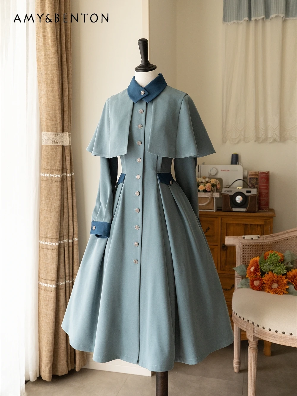 Elegant Graceful Retro Patchwork Shawl Slim Midi-calf Dress for Women Spring Autumn New Daily Classical Style Lolita Dresses