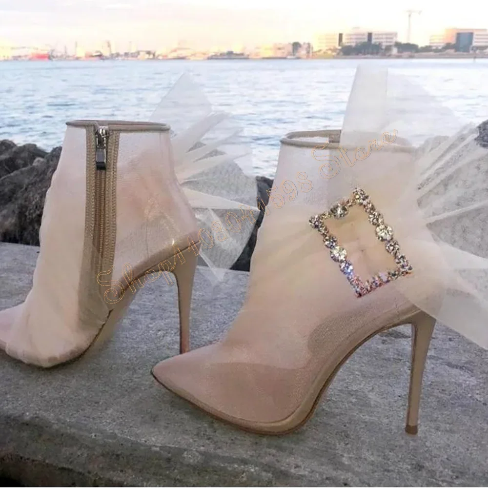 Gesp Decor Zijrits Mesh Laarzen Stiletto Hoge Hakken Enkelhoge Hak Schoenen voor Vrouwen Sexy Hakken 2025, Nieuwe Zapatos Para Mujere