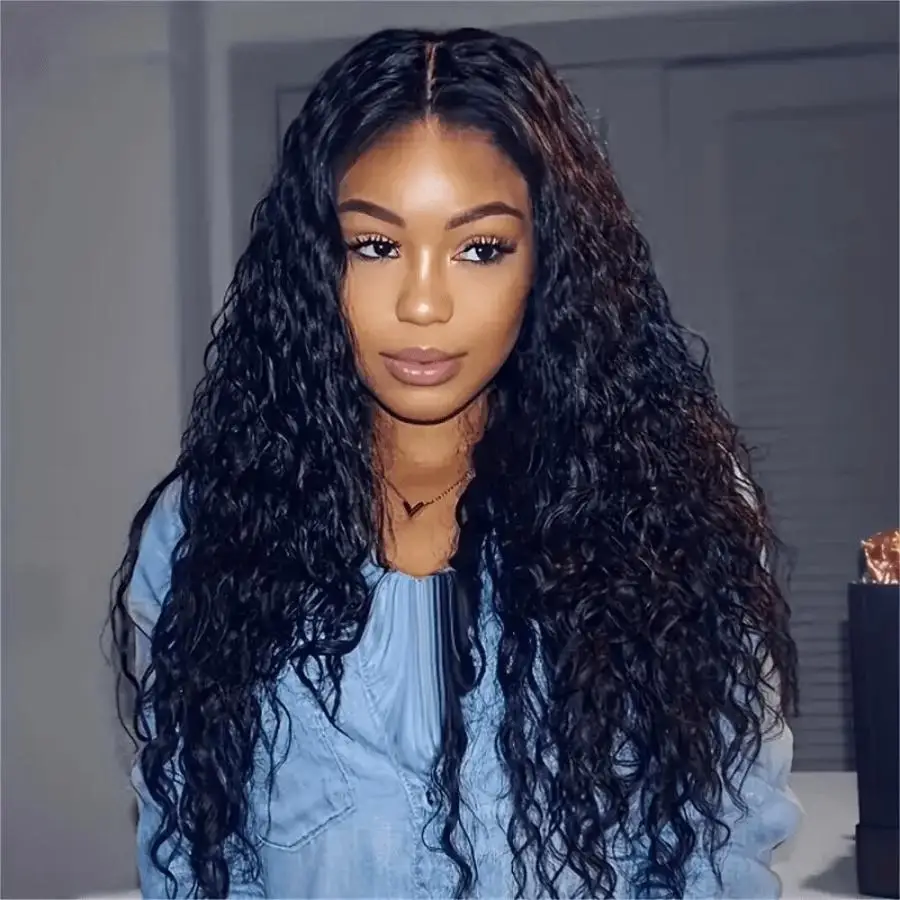 

​​24" Glueless Deep Wave Lace Front Wig 4x4 HD Closure Brazilian Human Hair 150% Density Pre-Stretched Bleached Knots Black​
