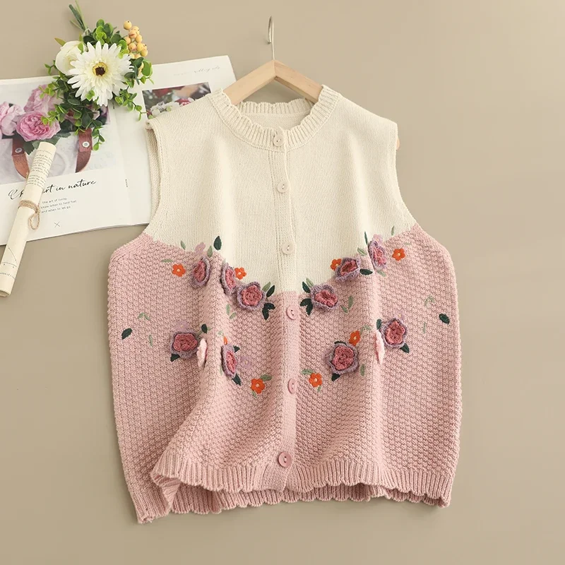 Spring Sweet Mori Girl Japan Style Flower Embroidered Knitted Sweater Vest Women Sleeveless Single Breasted Knitwear Tops