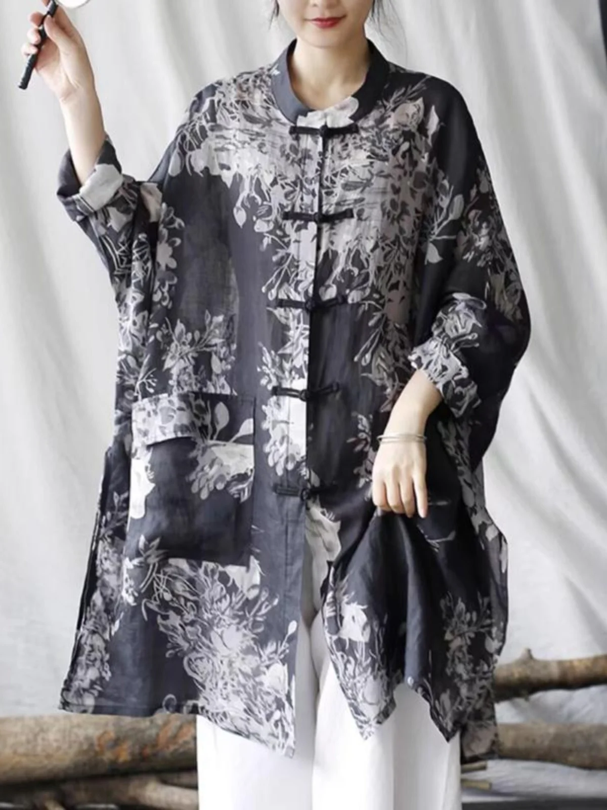 

Корейская рубашка в японском стиле с принтом, без этикетки, ретро, с воротником-стойкой, на пуговицах, свободного кроя, миди, верхняя одежда, с длинным рукавом, для повседневной носки, модная