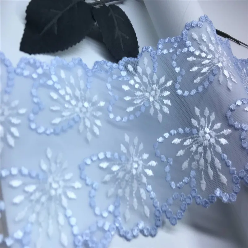 3 Yards Two Tone Embroidery Elastic Tulle Lace Trim Light Blue Lace Trimming Vintage Net Lace for Needle Work Crafts