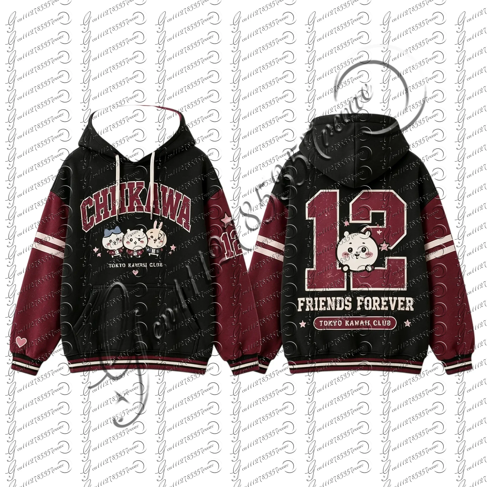 Chiikawa Anime Hoodie Men Women Vintage 12 Number Print Sweatshirt Kawaii Usagi Hachiware Contrast Raglan Sleeve Hooded Pullover