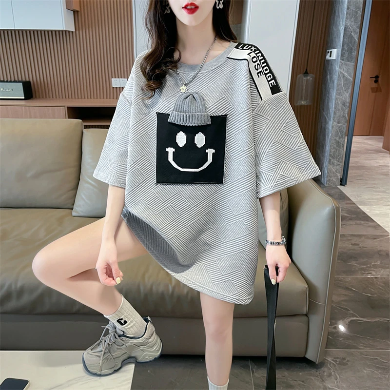 Woman T-shirt Jacquard Weave Summer Korean Casual O-Neck Patchwork Solid Female Fashion Loose Half Sleeve Tops Women's Clothing