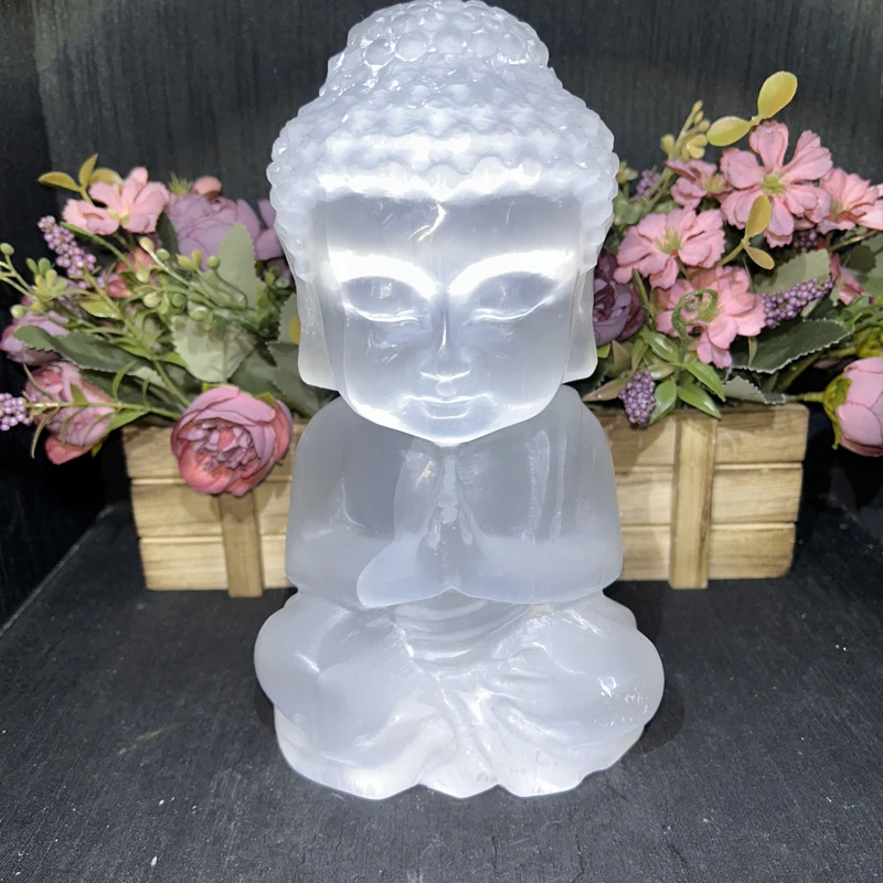 Kindfull White Selenite Buddha Carvings Healing Stone Quartz Selenite Buddhas for Fengshui