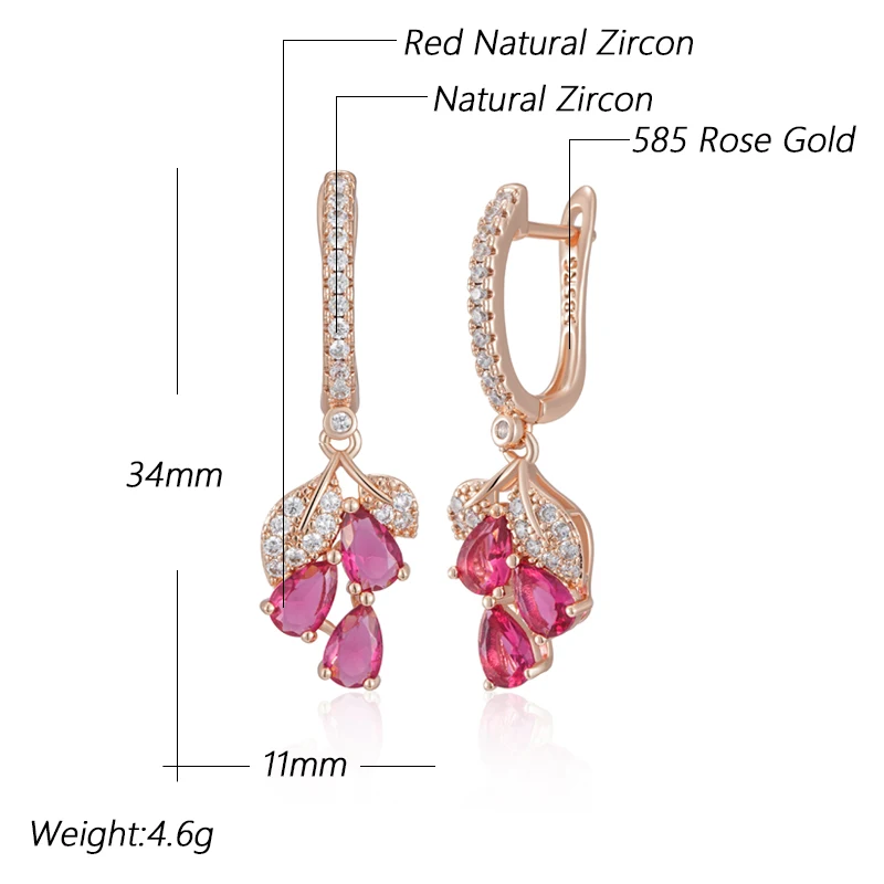 Kienl Hot 585 Rose Gold Color Flower Drop Earring for Women Fashion Red Natural Zircon Accessories High Quality Daily Jewelry