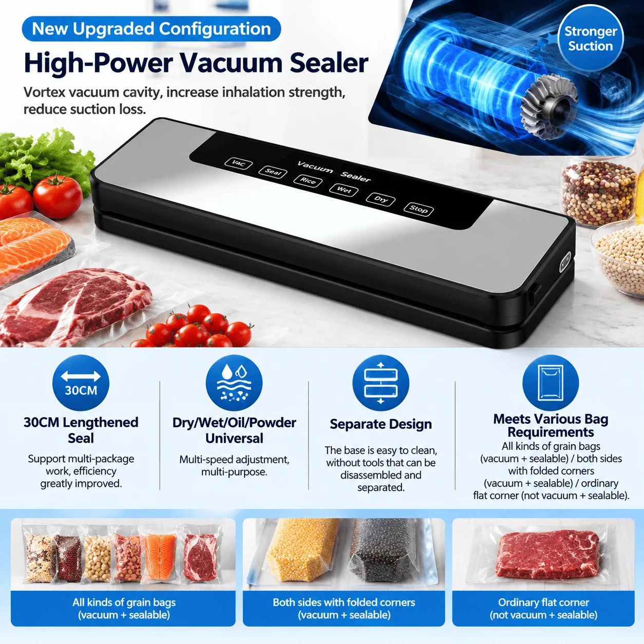 Electric Food Vacuum Sealer Machine with 65kPa Strong Suction, Automatic Vacuum Packing Sealing Tool for Dry Wet Oil and Powder Foods, Suitable for Meat Vegetables Fruit Snacks Kitchen Storage Preservation, Compact Easy to Operate Design