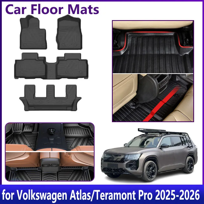 

Аксессуары для Volkswagen Atlas VW Teramont Pro 2025 2026 7-местный автомобильный напольный коврик из ТПЭ, кожаный коврик для ног, ковер с левым рулем, подушка