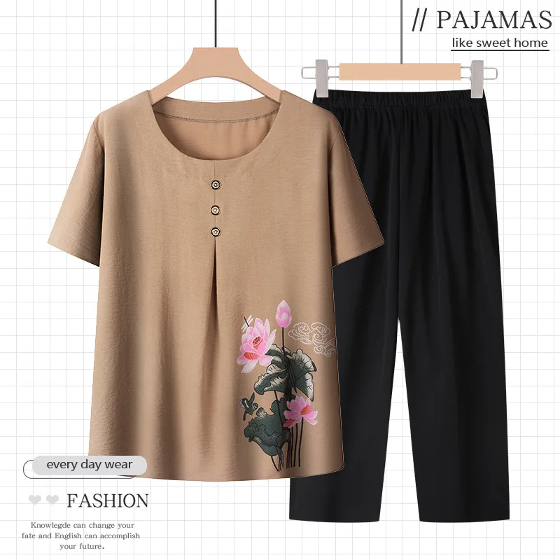 Set piyama ibu paruh baya, setelan dua potong musim panas elegan lengan pendek baju tidur piyama Lotus longgar Conjuntos De piyama Mujer