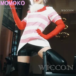 Angel Dust Cosplay Fantasy Anime Cartoon Hotel Disguise Costume Gloves Bow Tie Pink Dress Outfit Women Halloween Roleplay Cloth