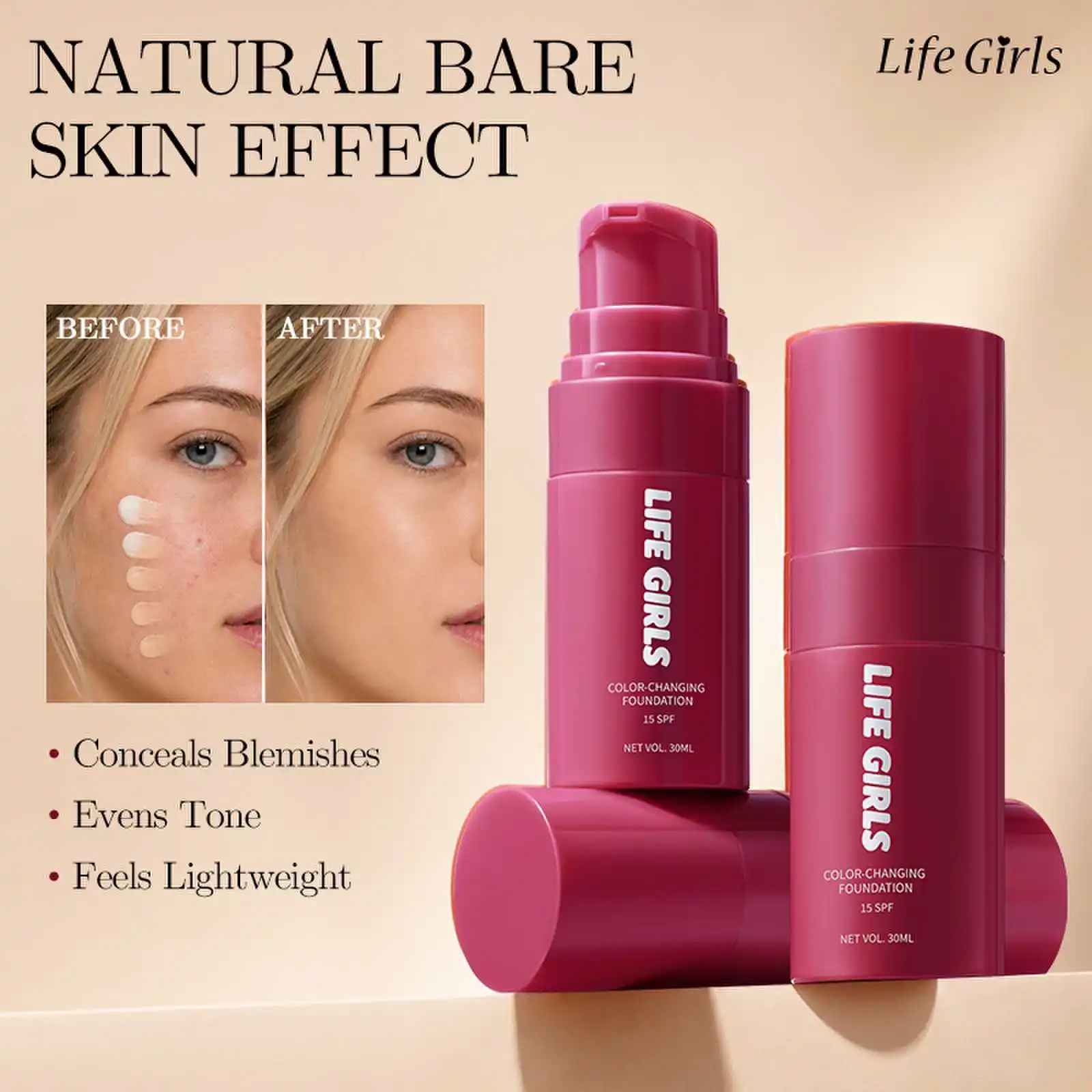 Base Líquida que Muda de Cor com FPS15, Corretivo e Base Facial para Cobertura com Aparência Natural
