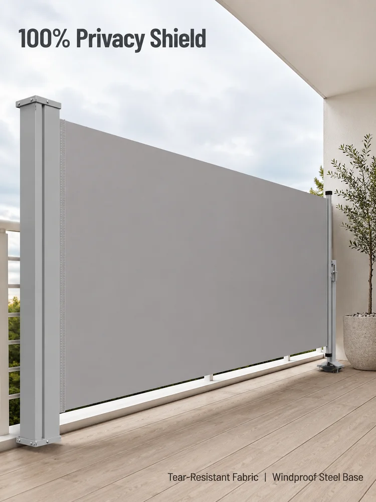 Einziehbare Seitenmarkise 100x300 cm Grau - Sichtschutz, Sonnenschutz, Terrassenmarkise, Balkonmarkise, Wetterfest, Windbeständig, Outdoor-Terrassenschatten für den Garten