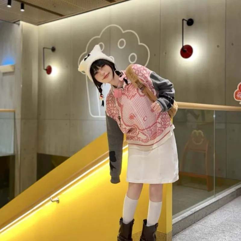 Cardigan lavorato a maglia da donna con stampa Sanrio Hello Kitty Giacca da donna coreana con cuciture a contrasto di colore Y2k Top maglione dolce cartone animato