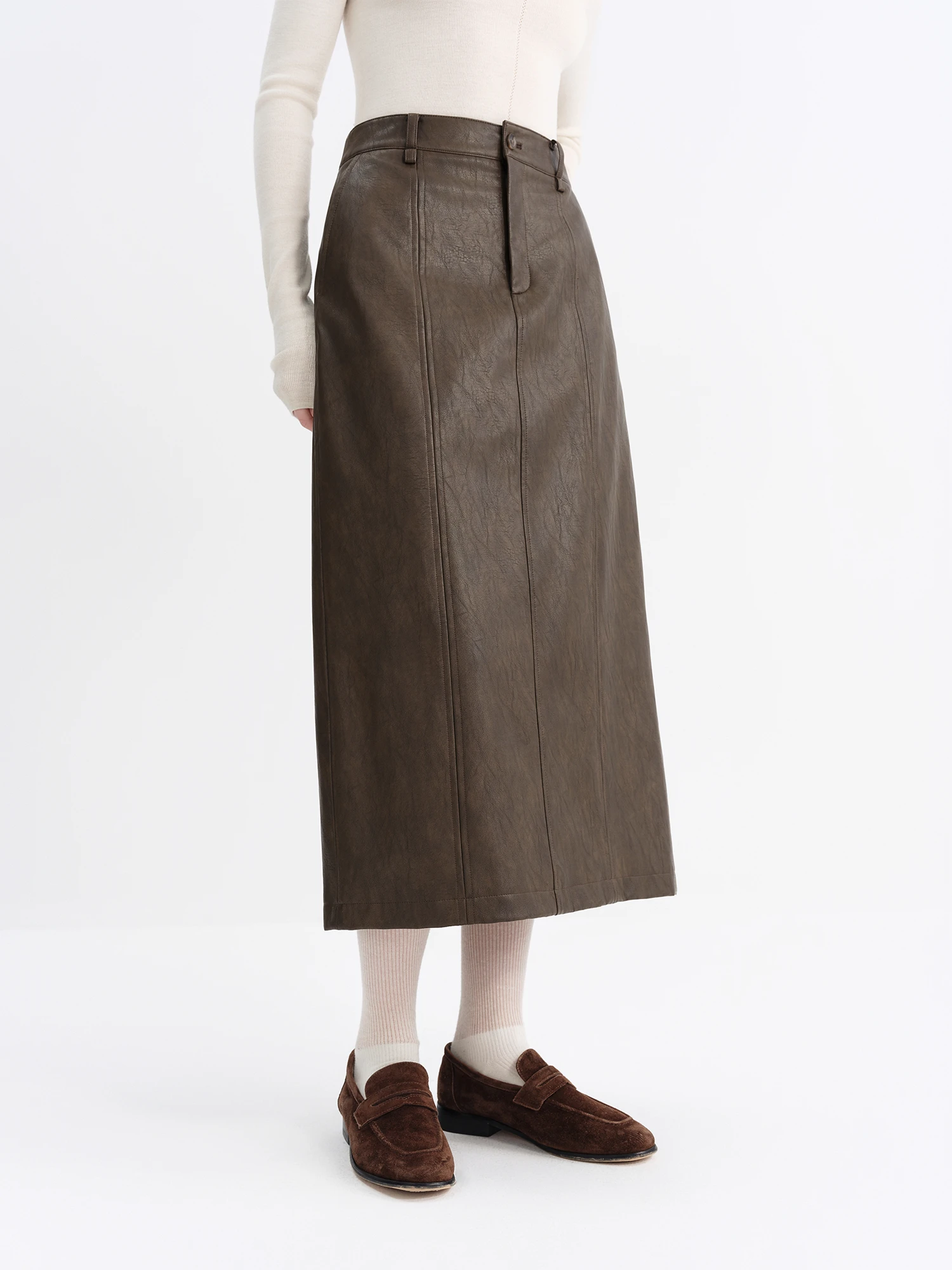 Spódnica midi damska FSLE 2025 zimowa, retro, z wysokim stanem, ze skóry PU - uniwersalna spódnica o kroju litery A, ołówkowa, do pracy, na co dzień.