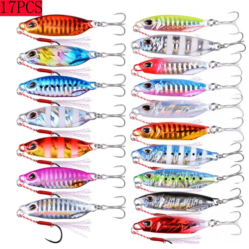 Metal Slow Jig Cast Spoon15g- 40g 50g Artificial Bait Shore Fishing Jigging Lead Metal Stripe Fishing Lures Jigs 17PC Lure Set