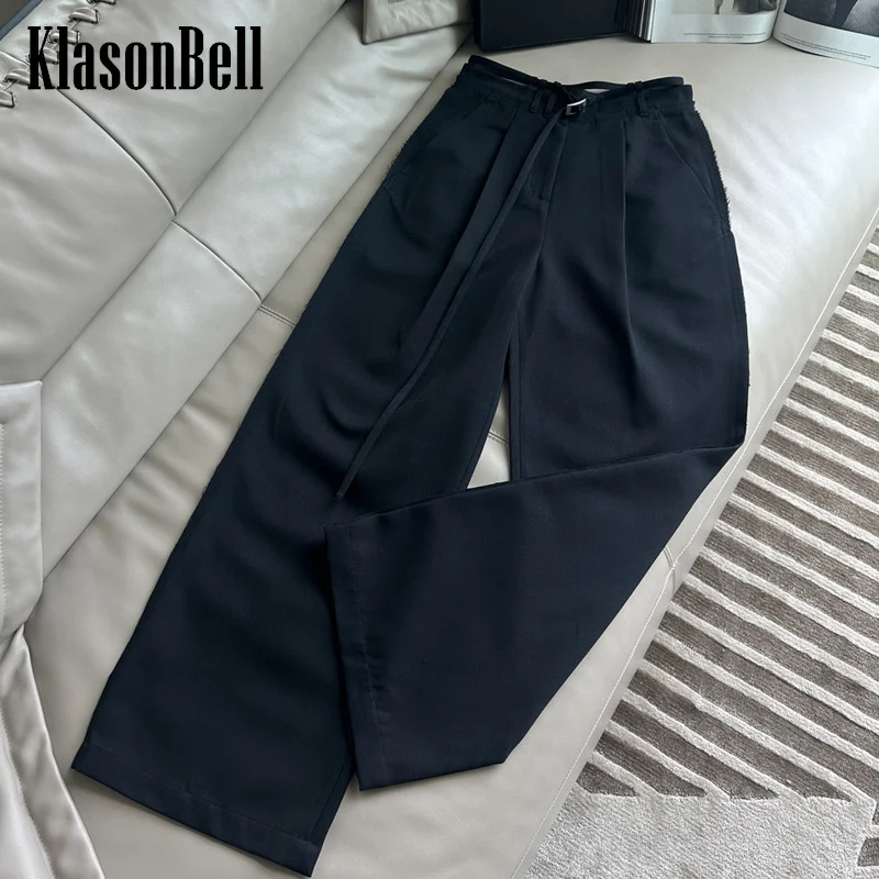 

7.6 KlasonBell Women Temperament Casual Sashes Hollow Out Design Black Straight Wide Leg Pants