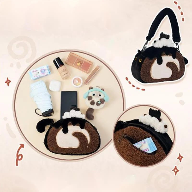 Cat Cake Tote Bag Y2K Swiss Roll Itabag Kawaii Lolita Plush Bag Handheld Cute Shoulder Nylon Crossbody Bag Baby Bag Girls NEW