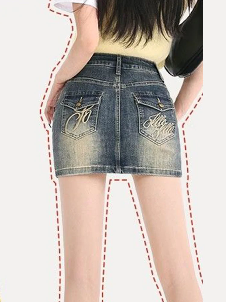 vintage embroidered half skirt for women 2024 new high waisted spicy girl anti glare denim bag hip shorts skirt