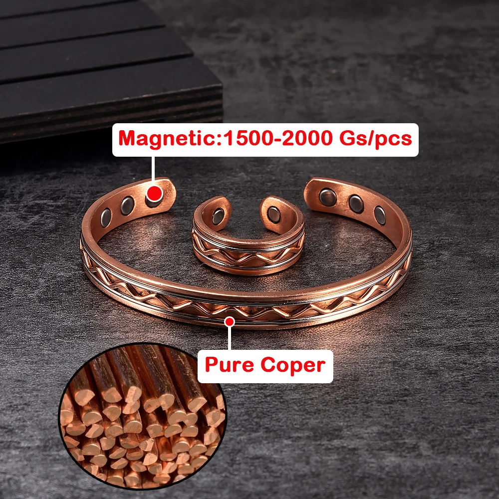 Vinterly Jewelry-Set Magnetic Pure Copper Bracelet Ring Health Energy Jewelry Set Women Resizable High Magnet Adjustable Wave