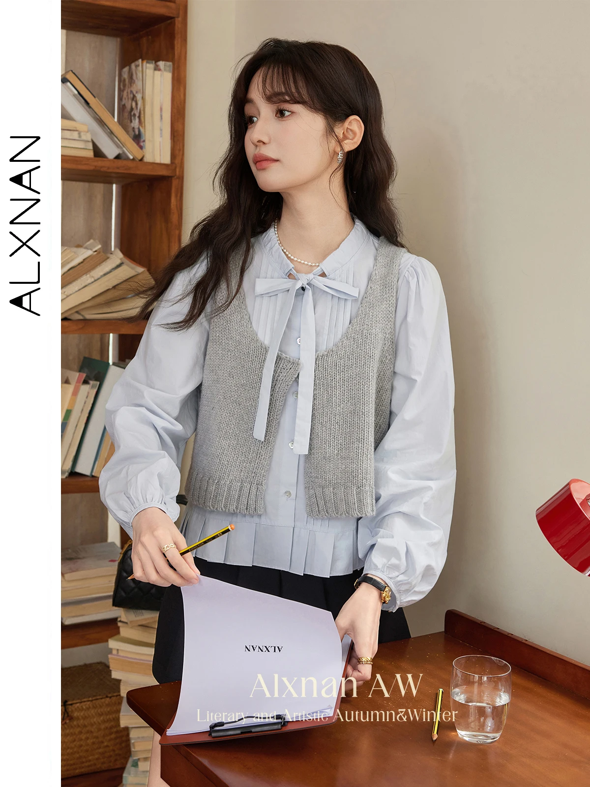 ALXNAN Gray Knitted Sweater Vest Woman 2025 Autumn Winter U-neck Single Button Slimming Basics Tank Tops Sold Separately L50603