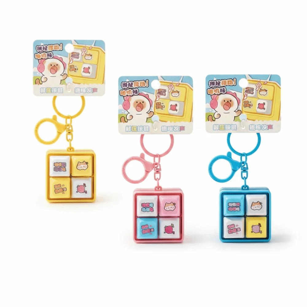 Plastic Sound Button Keychain Four Button Layout Cartoon Pattern Fidget Keychain Keyring Clip Square Shape Sound Effect