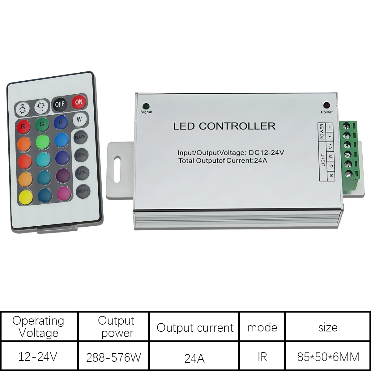 24-Key IR Remote RGB LED Controller - Color/Dimmer for Strip Lights, 24A Model (WS2811/WS2812B/1903 Compatible)