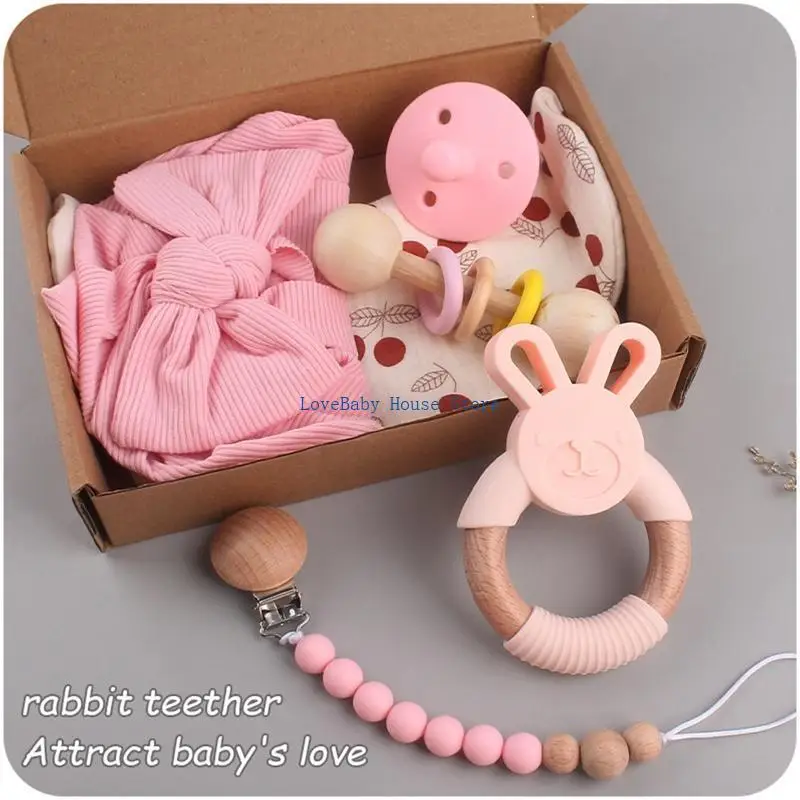 

BX0D Baby Bib Beanie Hat Rattle Ring Soother Clip Infant Shower Party Supply 6PCS Toddler Handshake Teeth Pain Relief