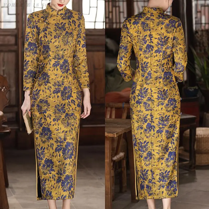 

Винтажное платье-ципао с цветочным принтом, улучшенное, элегантное, восточное, женское, сексуальное, облегающее, китайское платье больших размеров 3XL, длинное, Vestidos