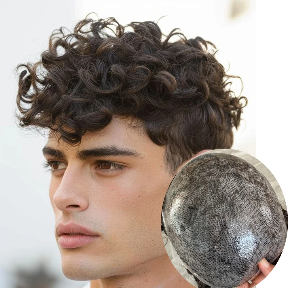 

Men's 24mm Curly Thin Micro Skin Toupee #4 #6 Brown Blonde Natural Hairline Super Durable Human Hair Wigs Units for Prosthetics